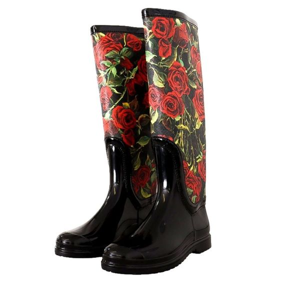 DOLCE & GABANNA Black Rubber Red Tall Knee High Rain Boots Shoes EU 38 - Picture 3 of 6